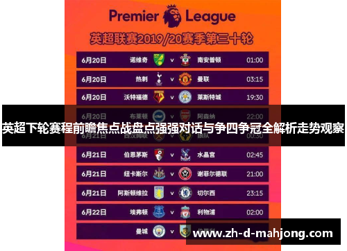 英超下轮赛程前瞻焦点战盘点强强对话与争四争冠全解析走势观察 英超下轮赛程前瞻焦点战盘点强强对话与争四争冠全解析走势观察