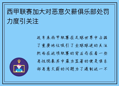 西甲联赛加大对恶意欠薪俱乐部处罚力度引关注 西甲联赛加大对恶意欠薪俱乐部处罚力度引关注